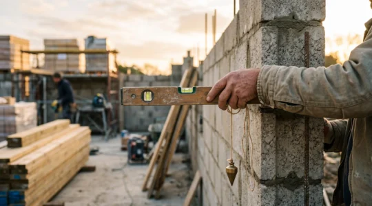 Vue symbolique du pilotage precis d'un chantier de garage, entre conformite technique et maitrise du budget