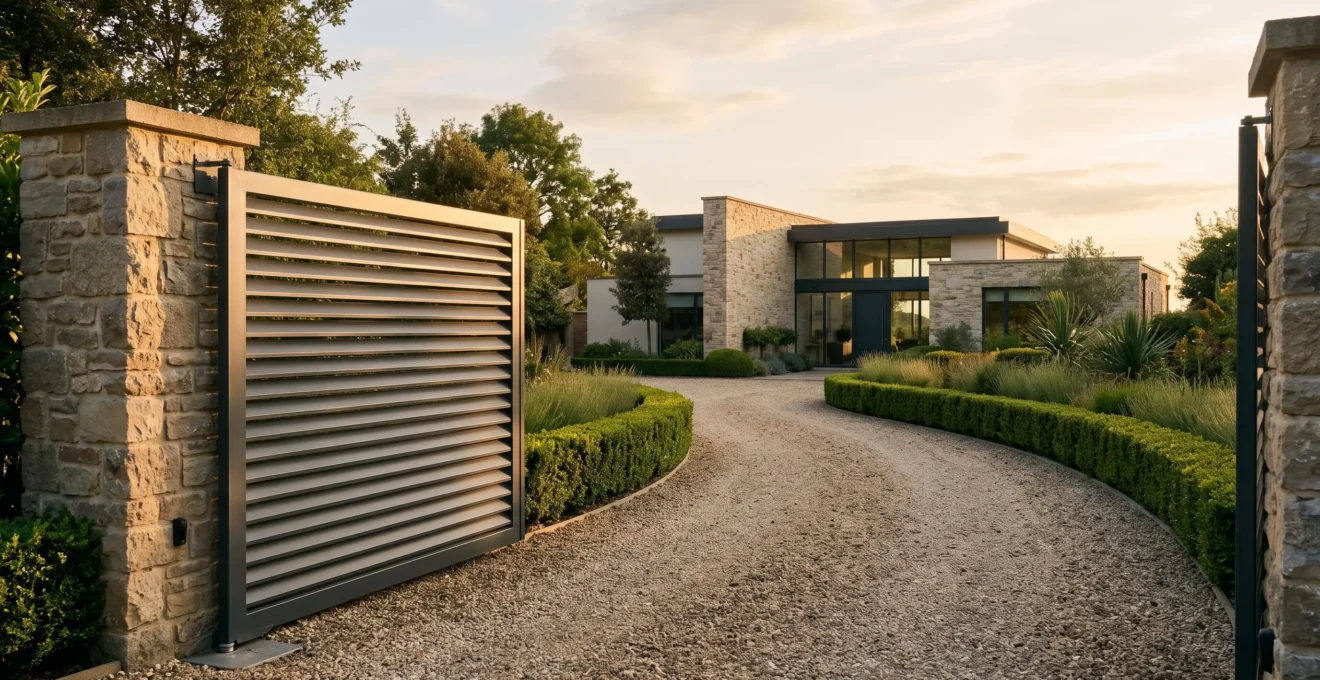 Portail en aluminium design ouvert sur une allée menant à une maison moderne, illustrant l'équilibre entre esthétique et sécurité