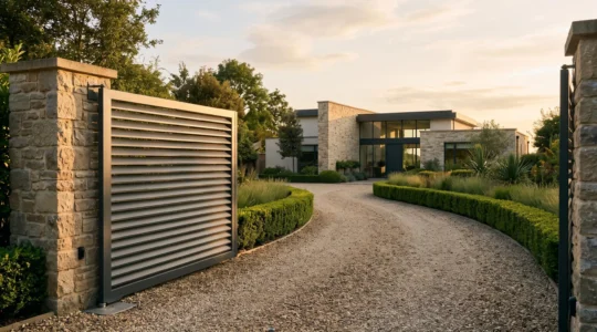 Portail en aluminium design ouvert sur une allée menant à une maison moderne, illustrant l'équilibre entre esthétique et sécurité