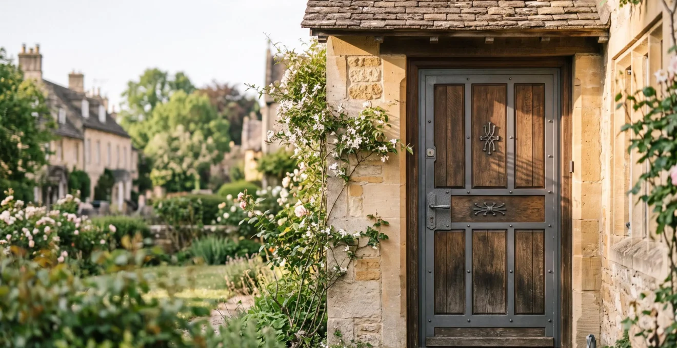 Porte d'entrée moderne et sécurisée intégrée dans une façade chaleureuse, illustrant une sécurité discrète et non oppressante