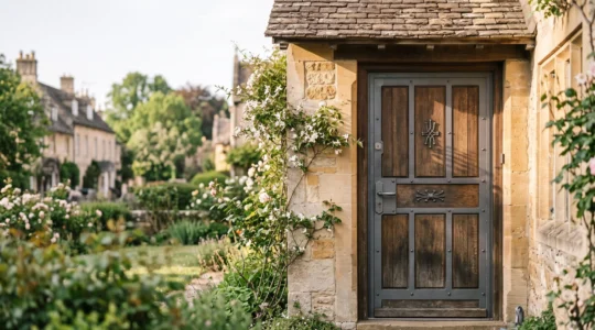 Porte d'entrée moderne et sécurisée intégrée dans une façade chaleureuse, illustrant une sécurité discrète et non oppressante