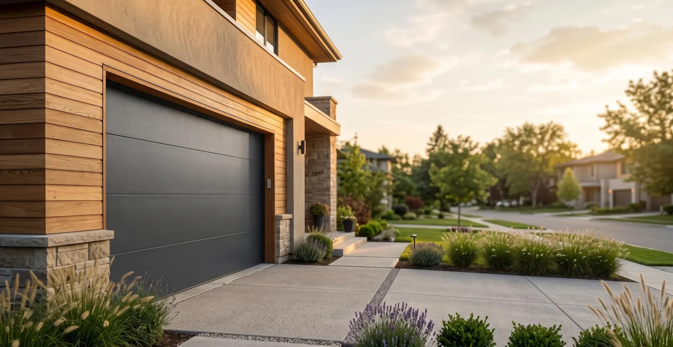 Façade d'une maison moderne avec une porte de garage sectionnelle fermée, illustrant le choix et l'installation d'une porte de garage fiable