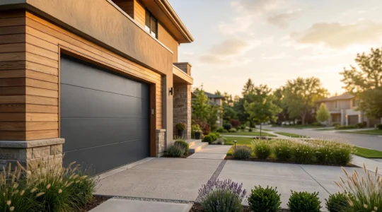 Façade d'une maison moderne avec une porte de garage sectionnelle fermée, illustrant le choix et l'installation d'une porte de garage fiable