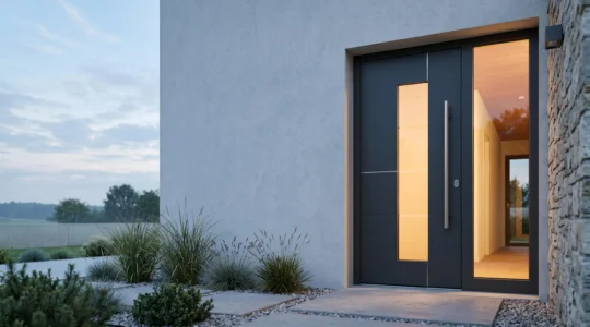 Porte d'entrée moderne alliant sécurité, isolation thermique et esthétique valorisante sur une façade de maison