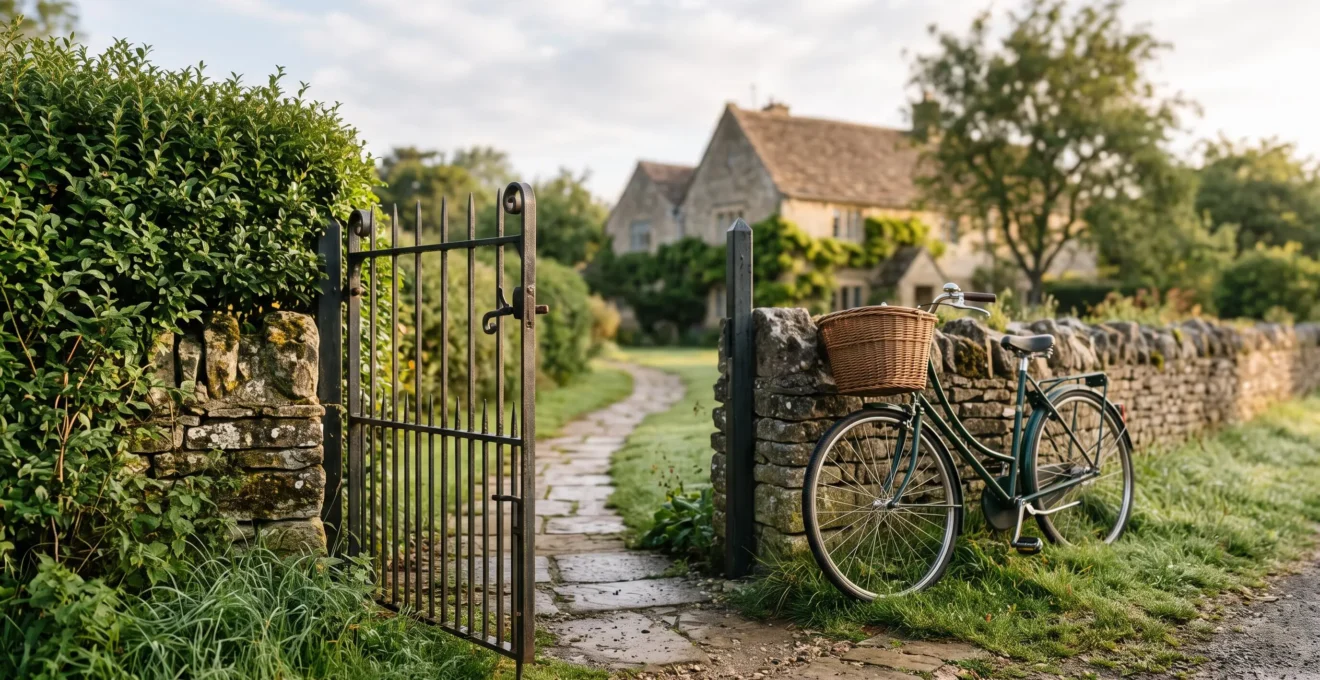Portillon en acier ajouré à mi-hauteur intégré dans une clôture soignée, ouvrant sur une allée de jardin