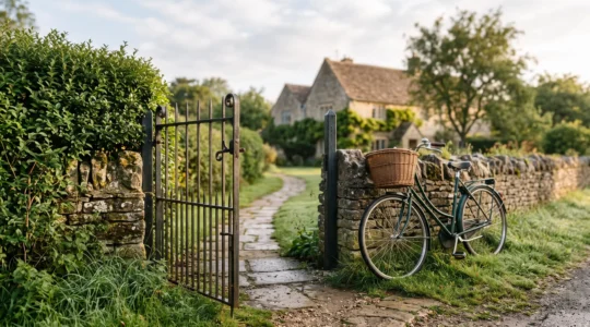 Portillon en acier ajouré à mi-hauteur intégré dans une clôture soignée, ouvrant sur une allée de jardin