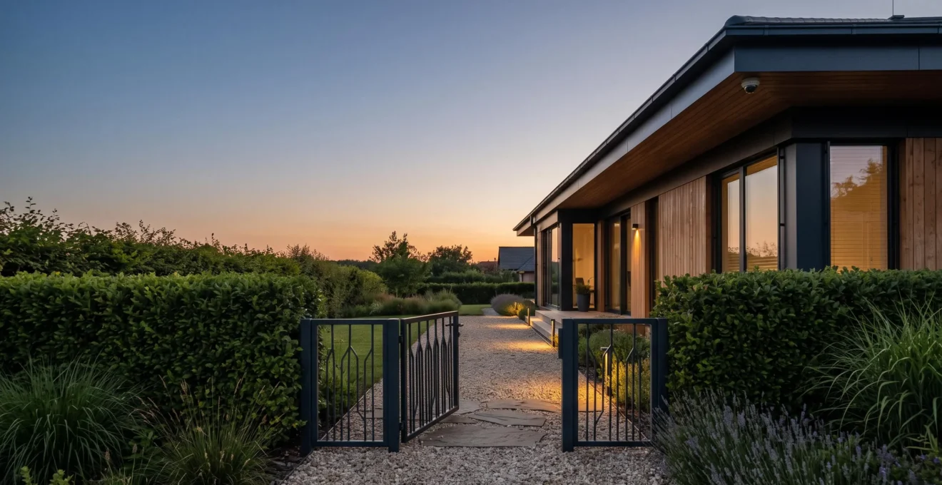 Maison contemporaine au crépuscule avec jardin clos, portail et éclairage extérieur illustrant une sécurité globale et harmonieuse de la propriété