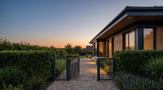 Maison contemporaine au crépuscule avec jardin clos, portail et éclairage extérieur illustrant une sécurité globale et harmonieuse de la propriété