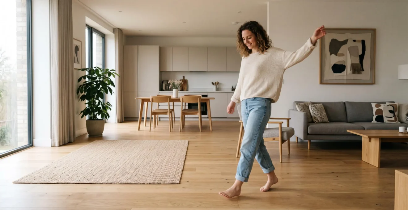 Salon lumineux et épuré réorganisé pour gagner de l'espace sans cloison, avec une silhouette évoluant librement dans la pièce