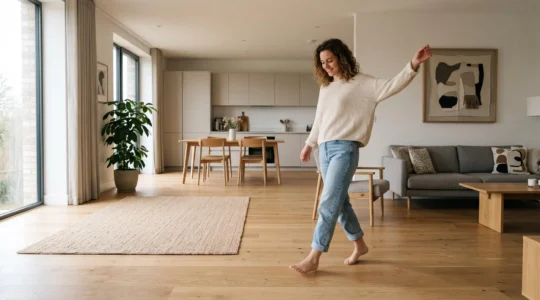 Salon lumineux et épuré réorganisé pour gagner de l'espace sans cloison, avec une silhouette évoluant librement dans la pièce