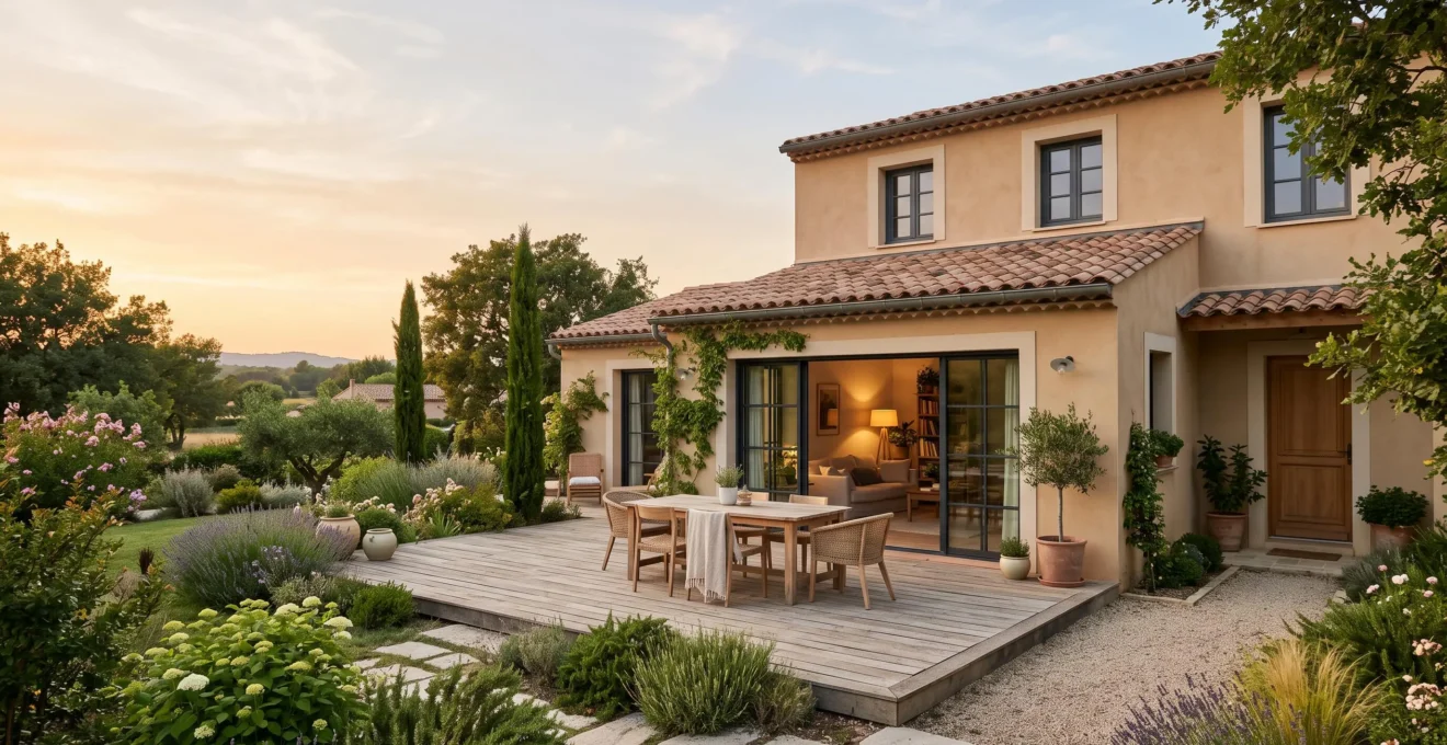 Maison individuelle rénovée avec terrasse en bois, grandes baies vitrées et jardin structuré illustrant confort de vie et valorisation patrimoniale