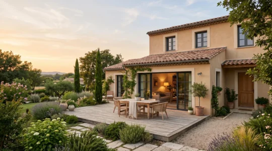 Maison individuelle rénovée avec terrasse en bois, grandes baies vitrées et jardin structuré illustrant confort de vie et valorisation patrimoniale