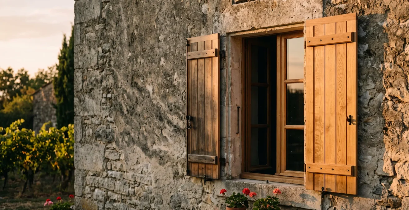 Volets battants en bois fraîchement rénovés sur une façade en pierre ancienne, alliant charme d'origine et finition contemporaine