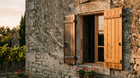 Volets battants en bois fraîchement rénovés sur une façade en pierre ancienne, alliant charme d'origine et finition contemporaine