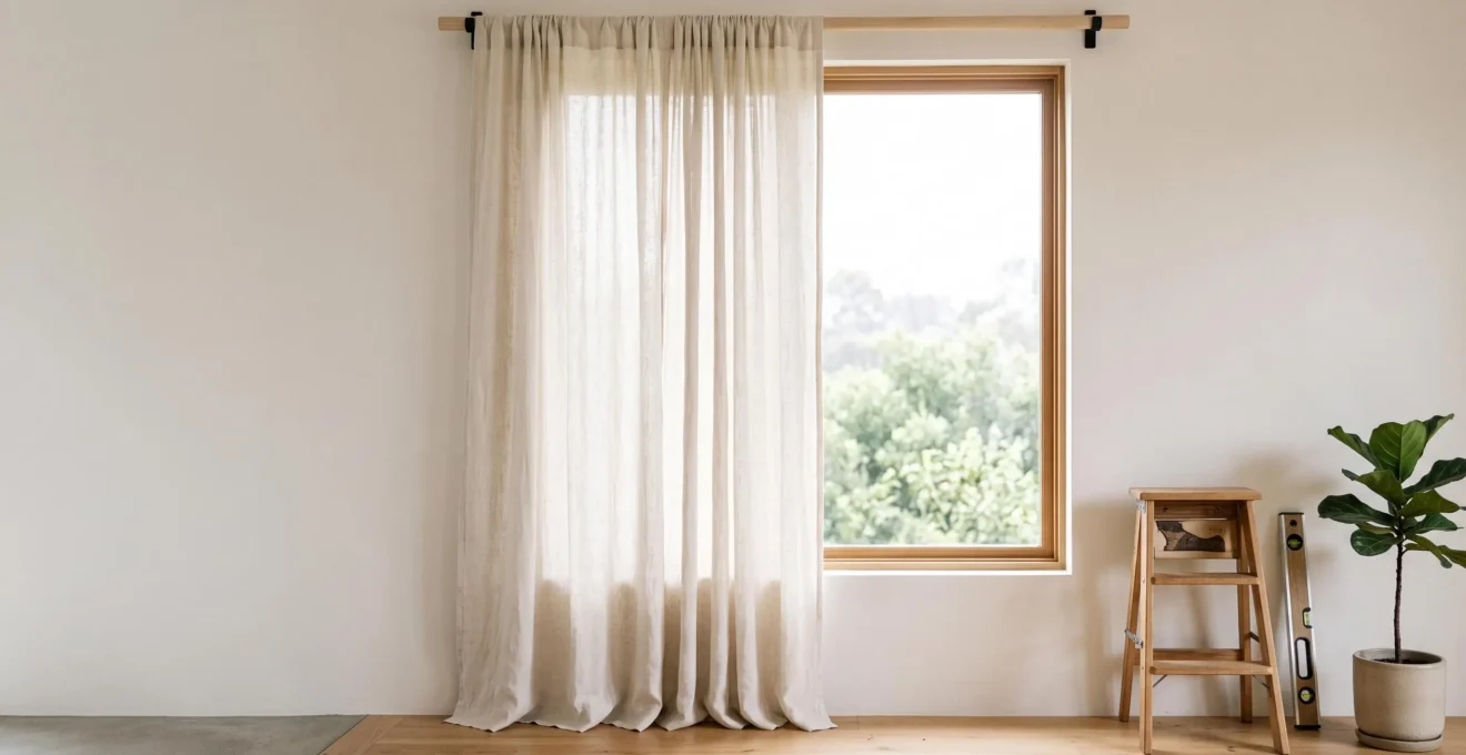 Interieur lumineux avec une tringle a rideaux parfaitement fixee au-dessus d'une fenetre encadree de rideaux amples