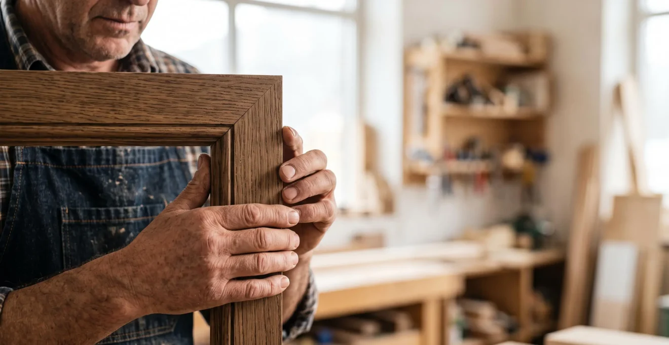 Un artisan menuisier examine attentivement l'angle d'un profilé de fenêtre dans un atelier lumineux, symbolisant la vérification au-delà des apparences