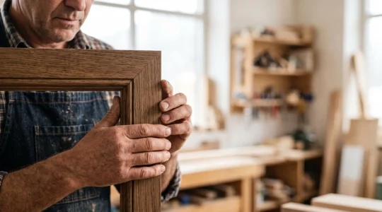 Un artisan menuisier examine attentivement l'angle d'un profilé de fenêtre dans un atelier lumineux, symbolisant la vérification au-delà des apparences