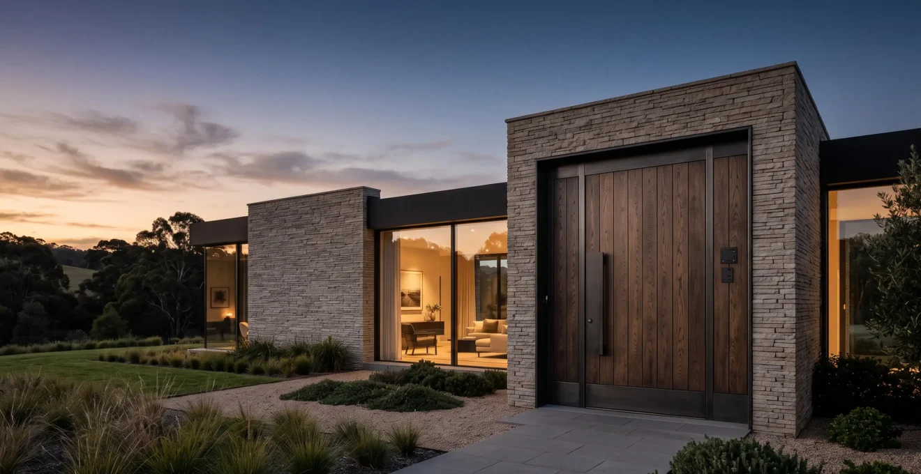Façade d'une villa contemporaine au crépuscule avec une porte d'entrée massive alliant sécurité discrète et design épuré