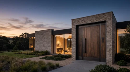 Façade d'une villa contemporaine au crépuscule avec une porte d'entrée massive alliant sécurité discrète et design épuré
