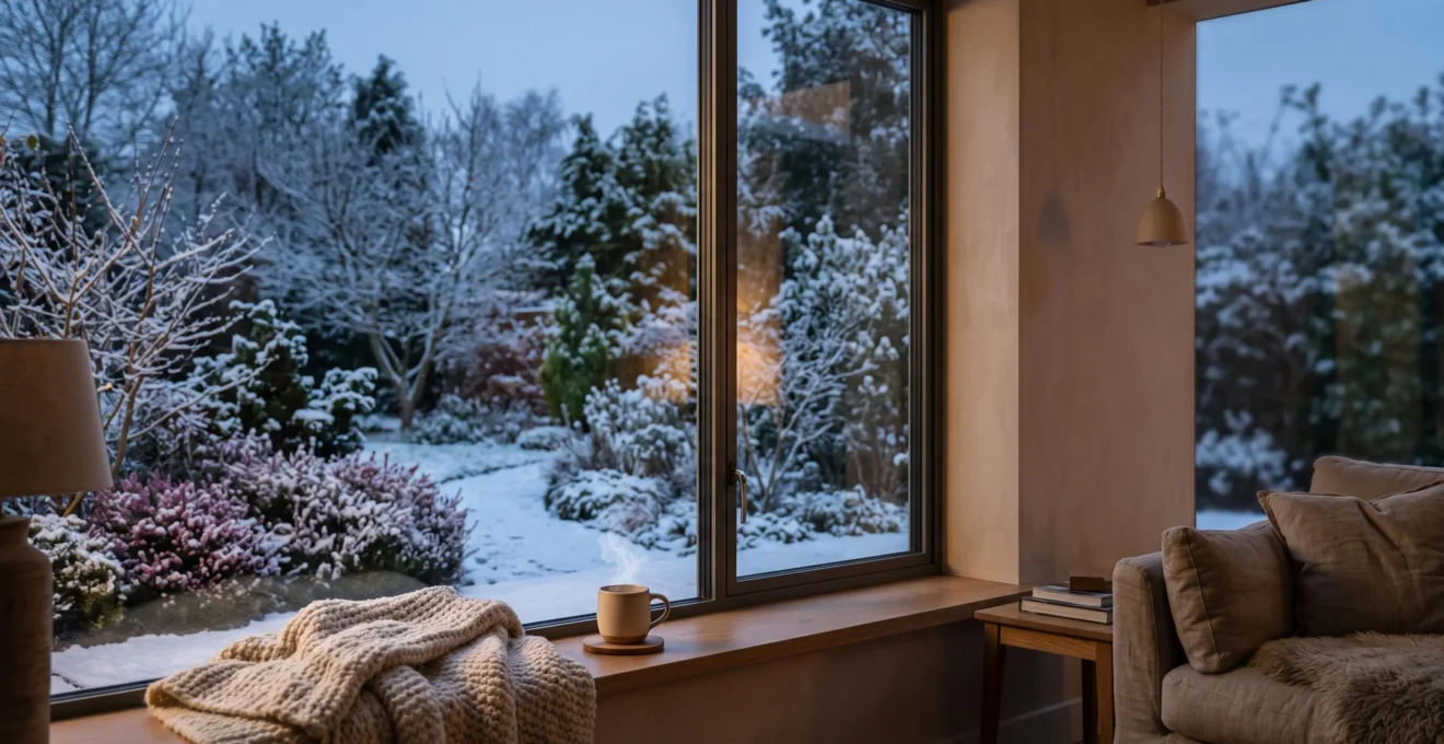 Fenêtre à double vitrage laissant entrer une lumière chaude dans un salon en hiver, contrastant avec le froid extérieur