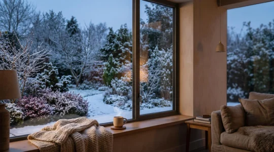 Fenêtre à double vitrage laissant entrer une lumière chaude dans un salon en hiver, contrastant avec le froid extérieur