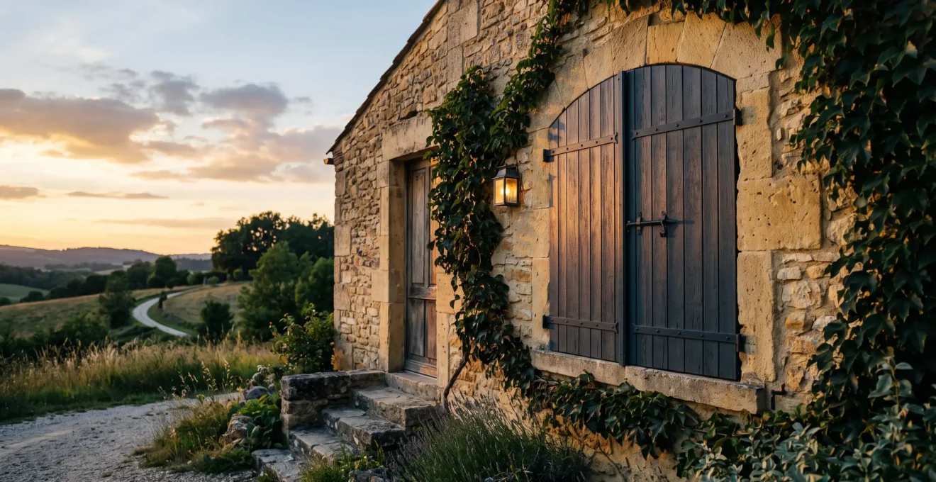 Façade élégante d'une maison avec des volets battants pleins fermés, alliant occultation totale et design raffiné