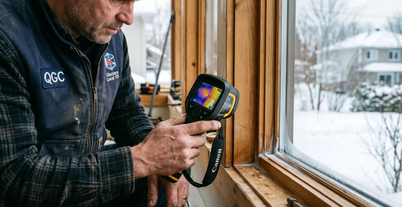 Un installateur mesure la performance thermique d'un vitrage de solarium quatre saisons avec une caméra thermique.