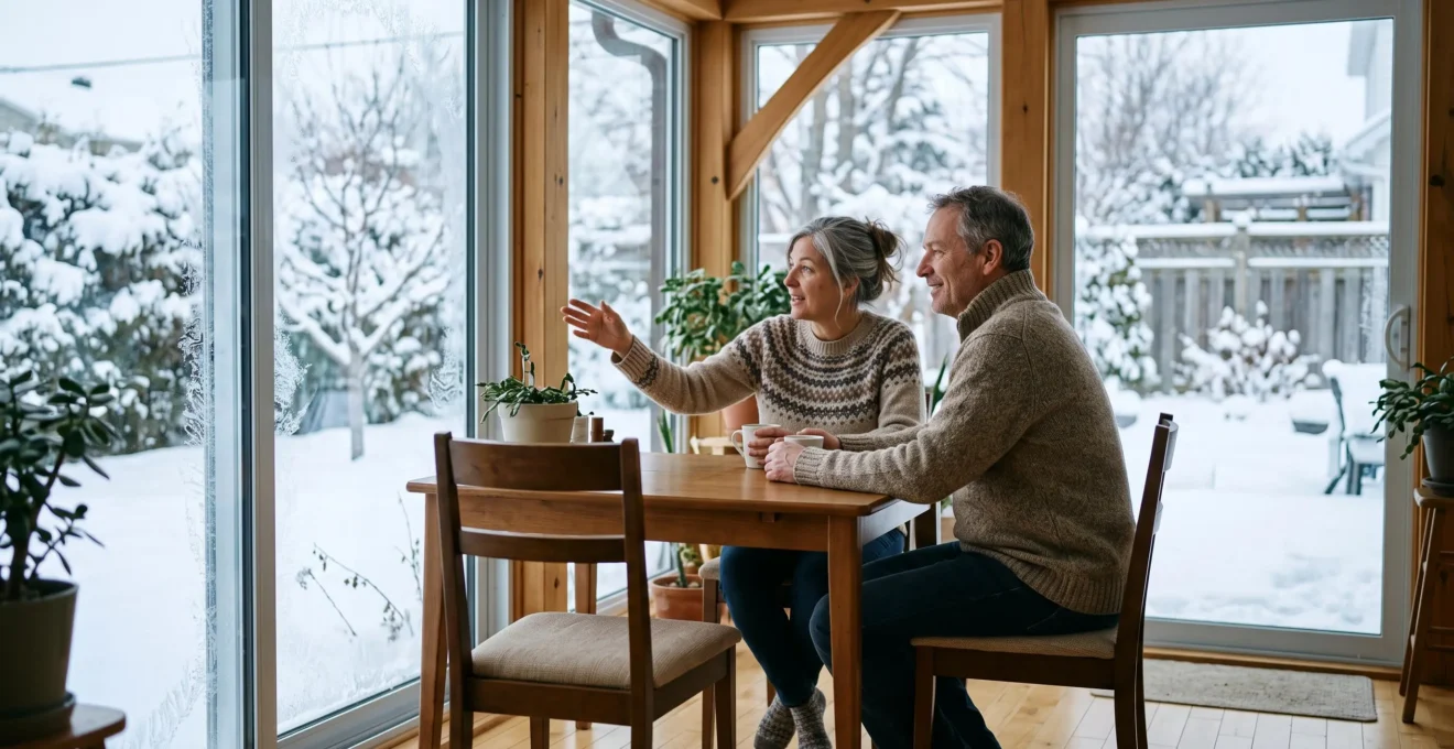 Un couple profite du dîner dans un solarium quatre saisons chauffé alors que la neige recouvre le jardin.