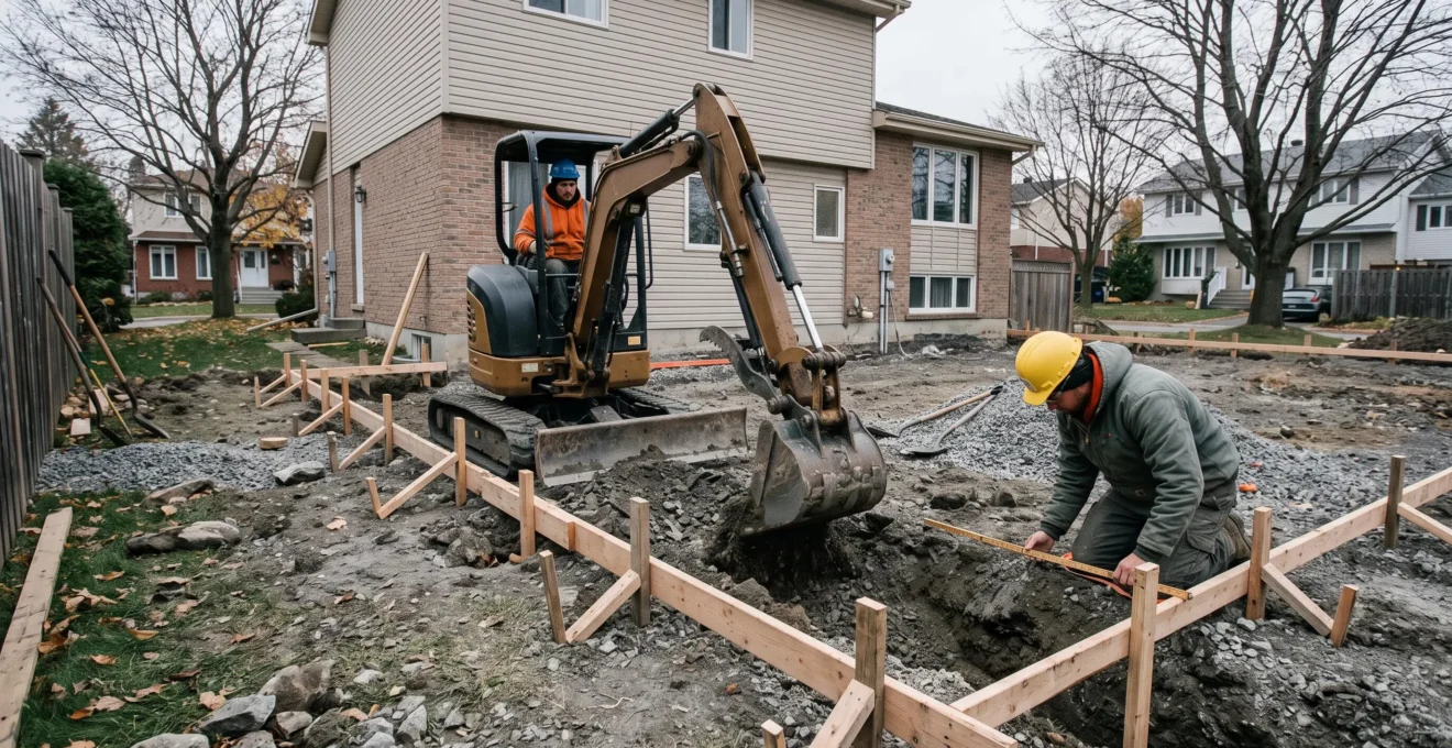 Deux ouvriers creusent les fondations sous la ligne de gel pour un solarium quatre saisons derrière une maison québécoise.