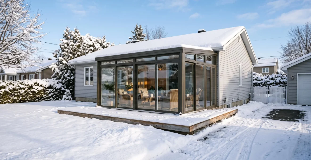 Solarium trois saisons attenant à un bungalow résidentiel en hiver à Saint-Jean-sur-Richelieu, avec neige sur le terrain.