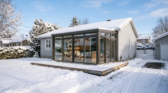 Solarium trois saisons attenant à un bungalow résidentiel en hiver à Saint-Jean-sur-Richelieu, avec neige sur le terrain.